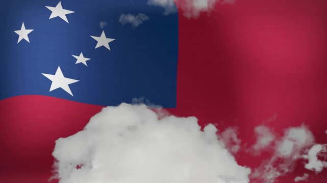 Wind gusting, red flag rippling, clouds drifting upward revealing blue canton with five white stars