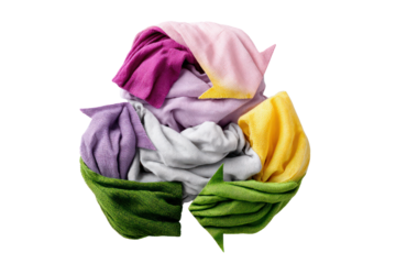 Recycling Symbol Made of Clothes: A creative representation of sustainability, featuring a recycling symbol crafted entirely from colorful clothes.