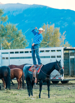 Cowboy standing on horseback twirling rope, surrounded by horses and trailer, mountain backdrop. Oregon, USA
