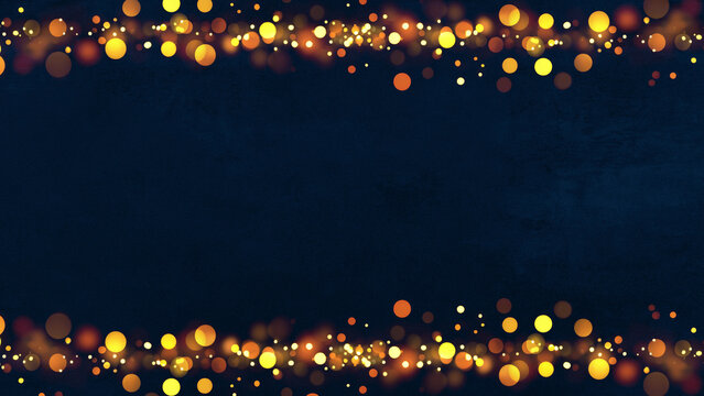 Abstract festive christmas, new year's eve, winter, party or holiday celebration template, greeting card - Frame made of golden yellow bokeh, fairy lights, isolated on dark blue background texture