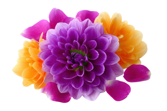 Dahlia Bloom in Spectrum of Color: A close-up showcases a breathtaking composition of vibrant dahlias, each petal displaying a unique hue, creating a radiant floral display.