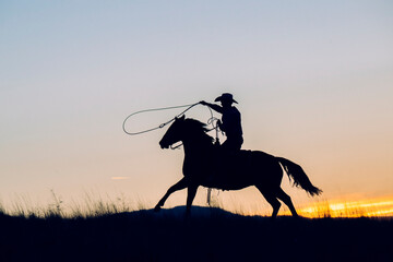 A silhouetted cowboy lassoes while riding a horse against a sunset sky. Oregon, USA