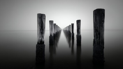 pylons stand in water on foggy day