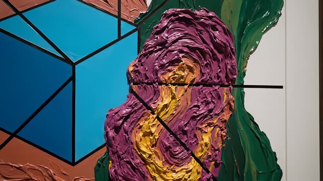 A beautiful woman dressed in a purple gown stands out against a blue and yellow background, surrounded by an abstract blue and orange object on the wall, a large piece of art displayed.