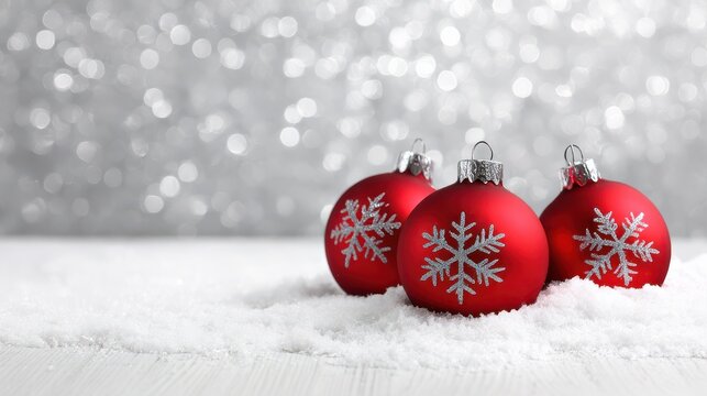 Festive red christmas ornaments on snowy background with snowflakes for holiday decor and designs