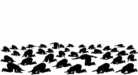 Silhouetted figures of people bowing down in prayer, a spiritual gathering. © Handik