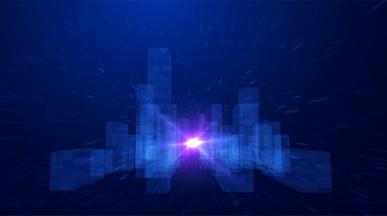 Futuristic cityscape with glowing blue violet data flow stream vector background. Cyberpunk metropolis background with digital network. AI and big data technology concept. Neon technology cityscape