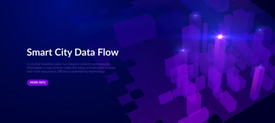 Fototapeten Violett Blue violet futuristic cityscape with big data network flows vector background. Digital transformation metropolis skyline with data particles for technology presentations and fintech visualizations.  © Saibarakova Ilona