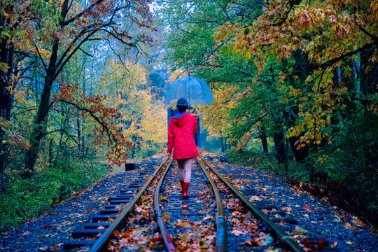 A person in a red coat walking on a railway track through a colorful autumn forest. WA, USA