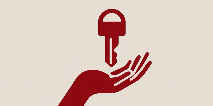 Hand holds a key symbolizing security and access in a minimalist design featuring red tones and simple shapes