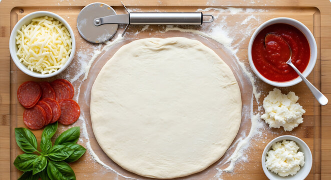 Overhead view of pizza dough on a wooden board, surrounded by ingredients like cheese, pepperoni, tomato sauce, basil, and ricotta, with a pizza cutter nearby. - Powered by Adobe