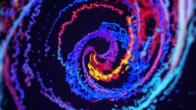 Vivid colorful particle streams twisting into a glowing spiral vortex against black, suggesting energy, data flow and cosmic motion in a seamless looping animation