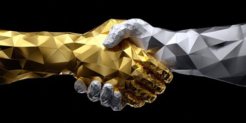 Digital handshake between golden and silver hands symbolizes unity and collaboration in a futuristic design