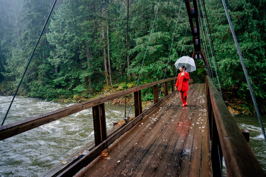 Person in red coat with umbrella walks across a wooden bridge in a lush forest. WA, USA