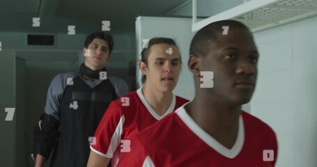 Four male athletes walking hall, camera pan overlaying numeric squares on red jerseys for match