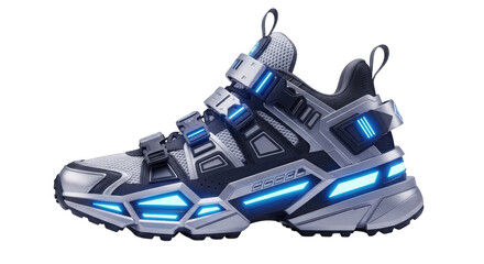 Futuristic glowing blue and silver sneaker shoe, isolated on transparent background