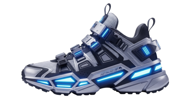 Futuristic glowing blue and silver sneaker shoe, isolated on transparent background
