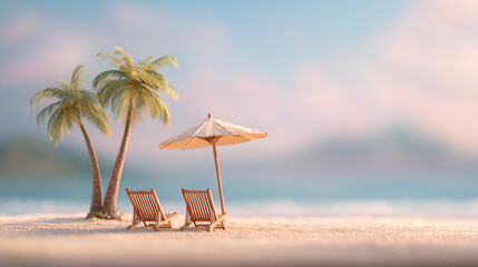 Tropical paradise scene with chairs, umbrella, palm trees and beautiful sunset on sand beach, showcasing serenity and escape, and relaxing mood.