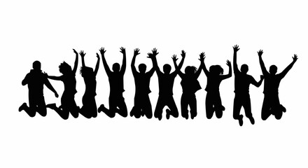 Joyful group of people jumping in the air with raised arms celebrating success.