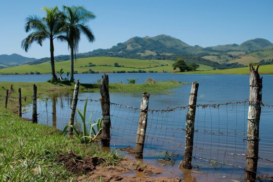 A serene landscape featuring a calm lake, lush green hills, and palm trees, bordered by a rustic wooden fence under a clear blue sky. - Powered by Adobe
