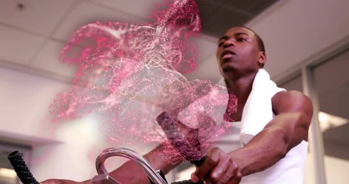 Man pedaling exercise bike, starting fitness interval, pink overlay swirling across bars to face
