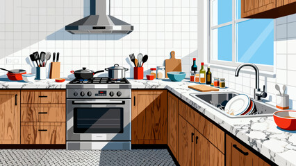 This vibrant kitchen illustration features wooden cabinets, stainless steel appliances, various utensils, and colorful cookware, creating an organized and functional space ready for cooking 