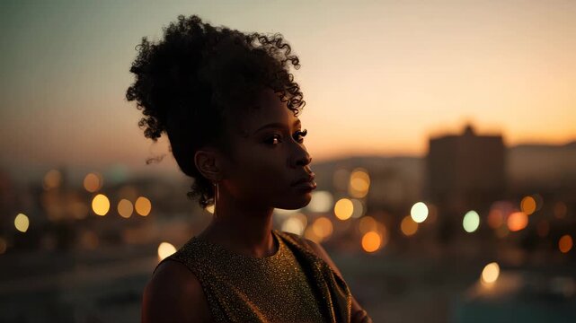 Cinematic side profile of a young Black woman at a rooftop party during sunset, glittery gold dress, naturel curly hair styled in a high puff, warm city lights in the background