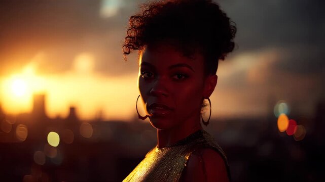 Cinematic side profile of a young Black woman at a rooftop party during sunset, glittery gold dress, naturel curly hair styled in a high puff, warm city lights in the background