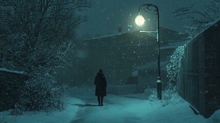 Digital Painting of a Solitary Figure Under a Streetlight on a Snowy Road at Night in a Quiet Winter Town