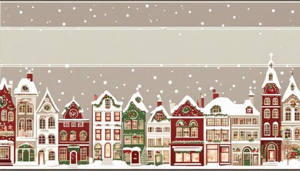 Illustration of Quaint European Townhouses Decorated for Christmas with Falling Snow and Copy Space Banner