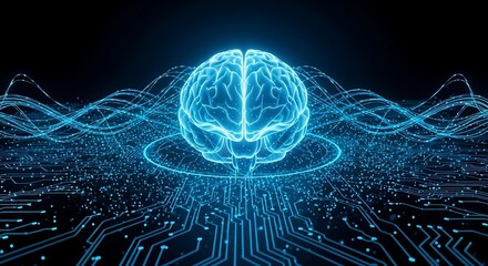 Glowing blue digital brain with circuitry and data streams