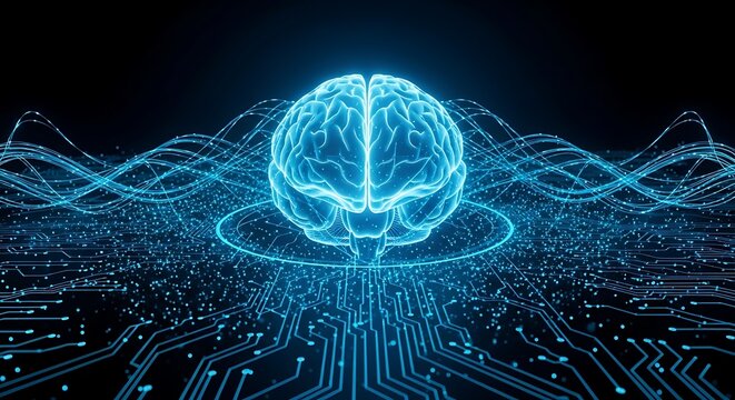 Glowing blue digital brain with circuitry and data streams