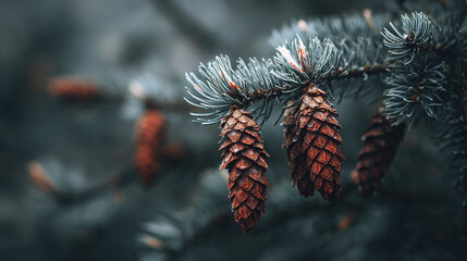 Close-up shot of pine cones hanging from a branch; the evergreen needles are light bluish-green. Shot in natural light, it's visually striking.