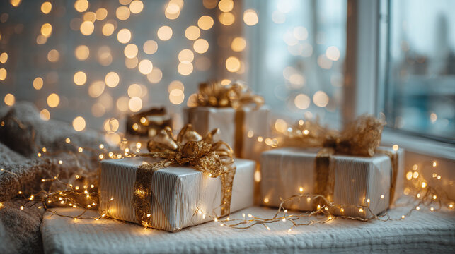 A heartwarming holiday scene showcasing festively wrapped gifts adorned with golden ribbons amidst the warm glow of fairy lights.
