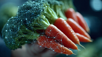 Healthy food concept: Image of broccoli and carrots with a digital connection overlay representing a healthy and sustainable food system.
