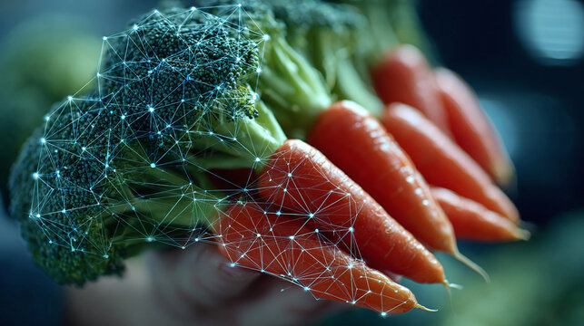 Healthy food concept: Image of broccoli and carrots with a digital connection overlay representing a healthy and sustainable food system.