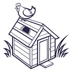 Line Art Drawing of a Chicken Perched on a Small Wooden Coop hen house farm © Bakkar