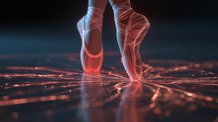 Ethereal elegance: glowing ballet shoes poised en pointe on a reflective surface, a dance of light and form in a darkened space. Graceful.