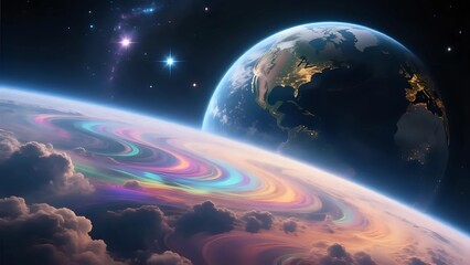 Vibrant Alien Planet Landscape with Rings and Colorful Cosmic Skies