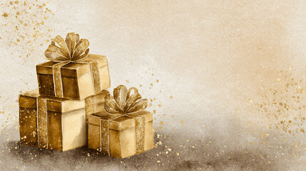 Watercolor illustration presents a stack of golden gifts, wrapped with sparkly ribbons and bows, against a textured, neutral backdrop.