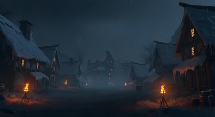Nighttime view of a few houses along a dimly lit street, creating a serene atmosphere.