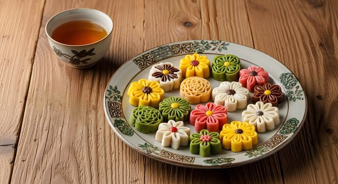 A stunning selection of intricately designed Korean dasik in multiple colors, arranged on a rustic wooden platter accompanied by a cup of traditional tea, showcasing a blend of elegance and heritage.