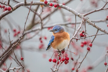 A male Eastern Bluebird perches in a tree loaded with tiny red crabapples on a frosty autumn morning.
