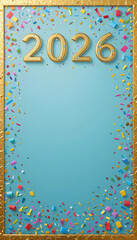 Gold frame with confetti and the year 2026 on a light blue background new year mobile Wallpaper