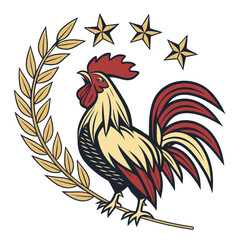 Rooster with Laurel Wreath and Stars Emblem chicken bird