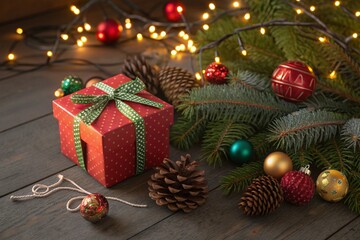 A christmas gift with green ribbon pine cones and ornaments on a wooden surface with string lights