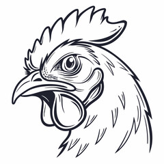 Detailed Line Art Illustration of a Rooster Head on White Background chicken bird