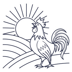 Rooster Crowing Against a Stylized Sunrise and Hills dawn