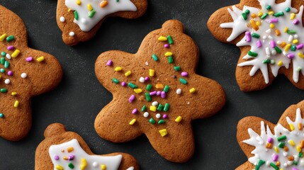 Festive gingerbread cookies close-up with icing and colorful sprinkles for holiday baking inspiration