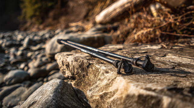 Trekking poles resting on a sun-drenched rock amidst a rocky terrain, ready for the next outdoor adventure with nature's serenity. - Powered by Adobe